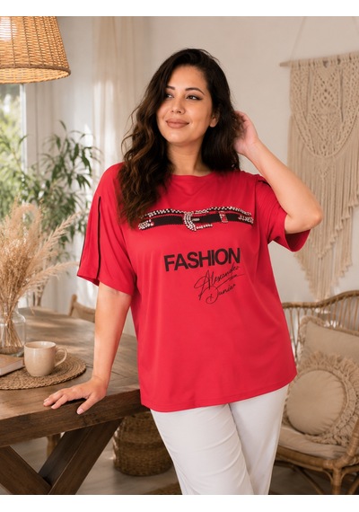 Büyük Beden Fashion Yazı Baskılı Taş Kemer Detaylı Kısa Kollu Kadın Bluz Kırmızı