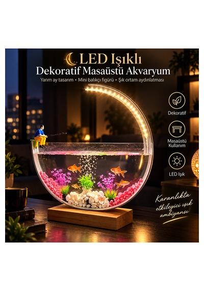 Led Işıklı Dekoratif Masaüstü Akvaryum Yarım Ay Tasarım Hava Kabarcıklı Balık