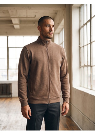 Maccali Erkek Kahve Büyük Beden Pamuklu Fermuarlı Sweatshirt Kahverengi
