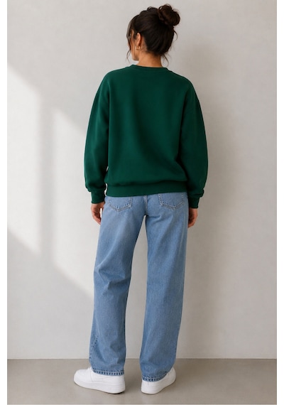 Herkesemoda Bloom Baskı Detaylı Şardonlu 2 İplik Bisiklet Yaka Sweatshirt Yeşil
