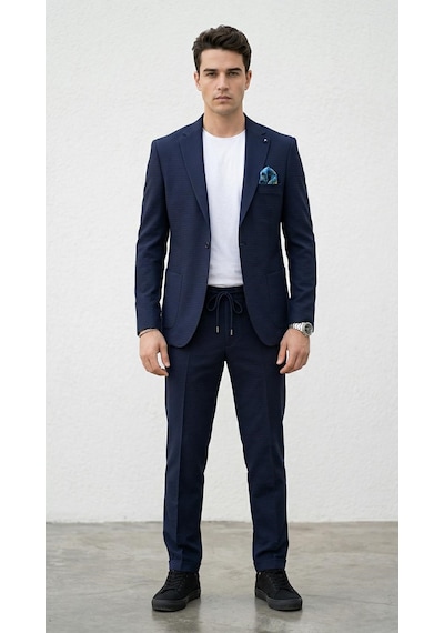 Erkek Yazlık Dokulu Kumaş Tek Düğme Ceketli Jogger Pantolonlu Takım Elbise Slim Fit Spor Şık Kombin Lacivert