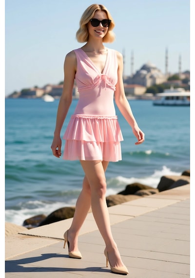 Benerly Kadın V Yaka Kolsuz Mini Elbise Tül Örme Astarlı A Kesim Kalın As Pembe