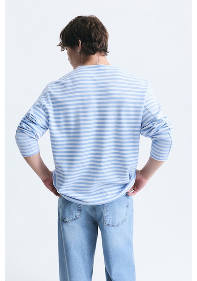 Vamos Oversize Çizgili Sweatshirt Ekru-bebe Mavi