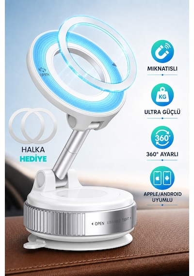 Magnetpro 360 Ayarlanabilir Araç İçi Masa Üstü Vakumlu Mıknatıslı Magsafe Telefon Tutucu Beyaz Beyaz