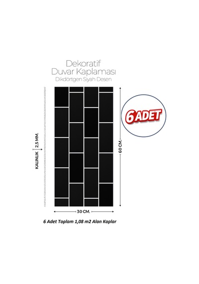 30x60 Cm Kendinden Yapışkanlı Duvar,banyo,tezgah Arası Kaplama Siyah Tuğla Desen 88104-30-6