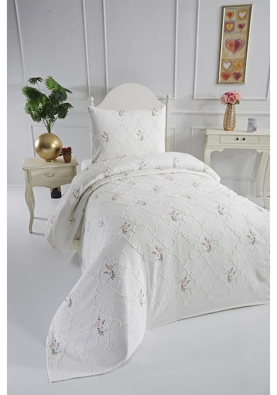 Pinkrose Nakışlı Şönil 2 Parça Tek Kişilik Yatak Örtüsü Krem Krem