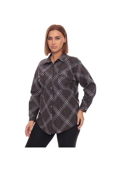 Lady Majestic Taşlı Büyük Beden Ekose Gömlek 44-58 Beden Kahverengi