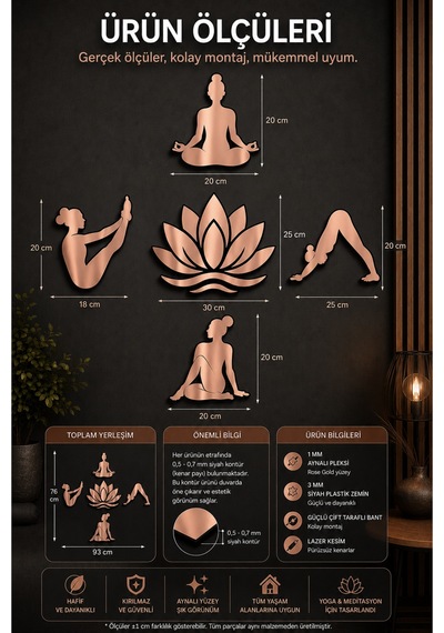 Huzur Serisi Premium Yoga & Lotus Aynalı Pleksi Duvar Dekoru 5 Parça Rose Gold Zen Tasarım Metalik