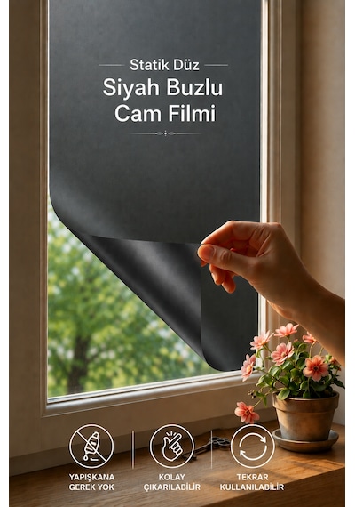 Deconitte Statik Düz Siyah Buzlu Cam Filmi 60x100 Cm Yapışkansız Mahremiyet Sağlayan Dekoratif Cam Kaplama, Kumlama