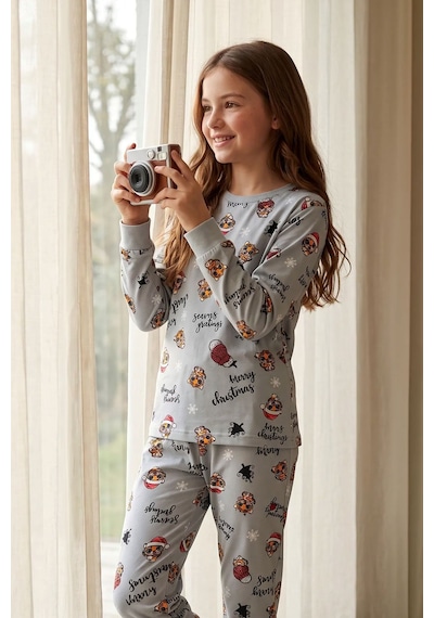 Zuzunga Kız Çocuk Yılbaşı Temalı Tiger Desenli Uzun Kollu Pijama Takımı Gri