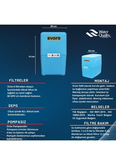 8 LT Metal Tanklı Alkali Filtreli Kapalı Kasa Pompasız Mavi Su Arıtma Cihazı