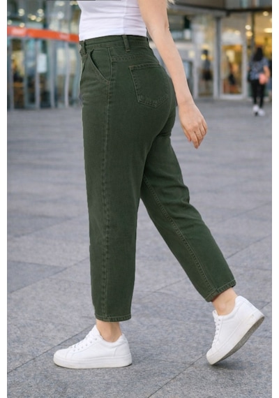 Cedy Denim Mom Fit Jean Büyük Beden Yüksek Bel Carrot Kesim Dar Paça Pileli Esnek Kot Pantolon C600 Haki