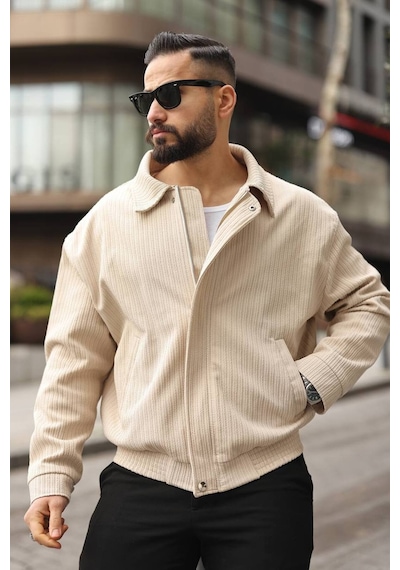 Yeni Sezon Dokulu Oversize Bol Kalıp Bomber Ceket Krem