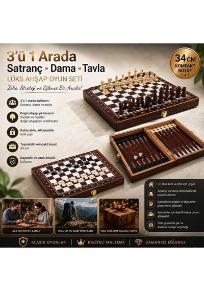 Kişiye Özel İsimli Ahşap 3'ü 1 Arada Satranç Dama Tavla Seti 34 Cm Kilitli Premium Oyun Takımı