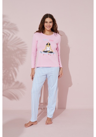 Siyah İnci Pamuklu Örme Pijama Takım 24241086 Pembe
