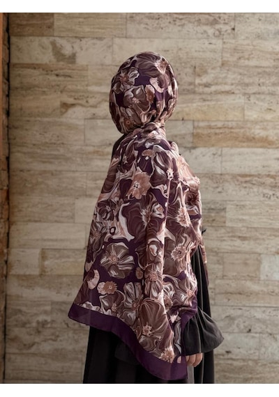Qalortex Scarf Pamuklu Mimoza Desen Şal- Mürdüm