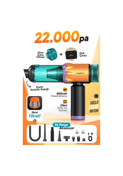 Matt Mcv22 Şarjlı Araç Süpürgesi Sarı 22.000pa Güçlü Vakumlu Mini El Süpürgesi Type-c Şarjlı 220ml