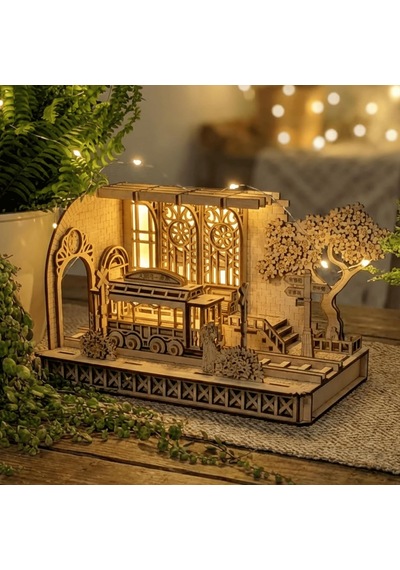 Algwooddesign Japanese Tram Station Diorama Ahşap Maket, 116 Parça Dıy Japon Tramvay İstasyonu Modeli, Peri Led Dahil, Mdf 3d Puzzle, Hobi Ve Dekorasy