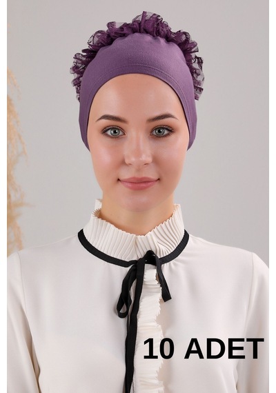 Melodi Scarf Kadın Tesettür 10'lu Fırfırlı Dikişli Bone Mor Mor