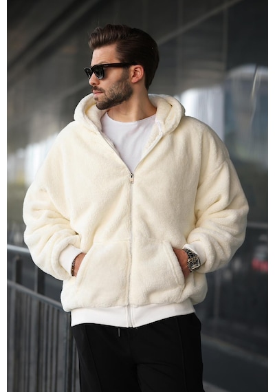 Madmext Ekru Peluş Over Fit Kapüşonlu Fermuarlı Erkek Sweatshirt 6049 Ekru