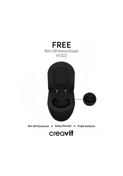 Creavit Free Kanalsız Kömür Karası Asma Klozet Fe322, Creavit Free Duck Duroplast Yavaş Kapak Mat Siyah