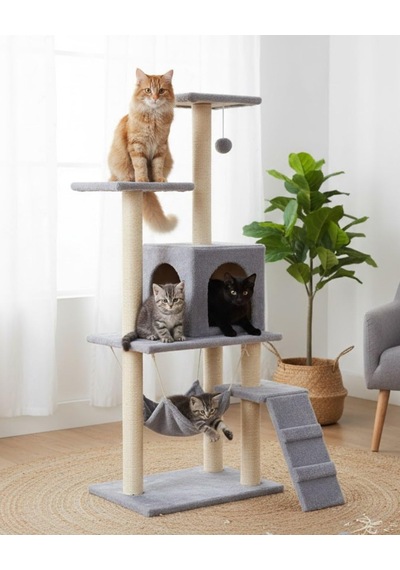 Pet B-07 Hamaklı Yuvalı Lüx Kedi Tırmalama Oyun Evi Gri