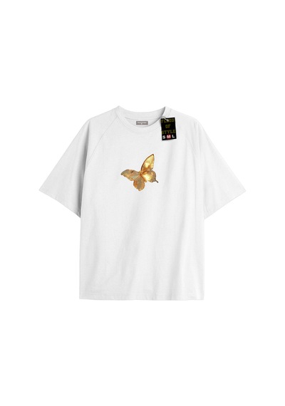 Flood Of Style Beyaz Oversize T-shirt Sarı Kelebek Özel Tasarım