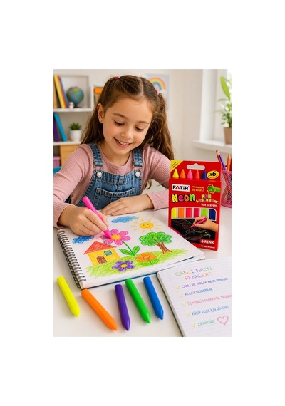 Neon Üçgen Mum Boya 6 Lı 1 Paket Fatih 6 Renk Üçgen Mumboya Elleri Kirletmeyen Yıkanabilir Silinebilir Karton Kutu Çok Renkli
