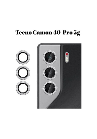 Guztech Tecno Camon 40 Pro 5g Uyumlu Taşlı Tam Koruma Kamera Metal Çerçeveli Lens Koruyucu Gümüş