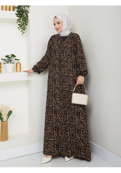 Nevayla Moda Önü Büzgülü Viskon Elbise - Siyah/taba / E0130 Siyah/taba