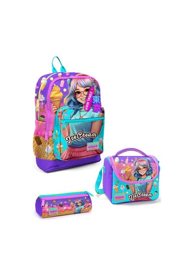 Coral High Goshopya Lila Turkuaz Dondurma Ve Anime Desenli 3 Lü Okul Çanta Seti Goset0123773 Çok Renkli
