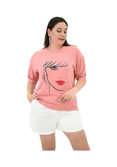 Kadın Büyük Beden Yüz Baskılı T-shirt 1788-25 001