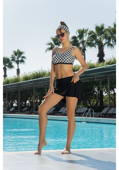 Markahit Ruko Puantiyeli Şort Etek Tek Parça Bikini Siyah - Beyaz