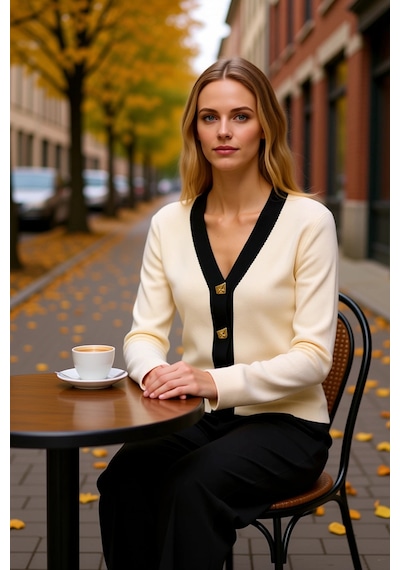 Benerly Kadın Renk Bloklu V Yaka Uzun Kollu Düğme Detaylı Triko Hırka Gün ekru