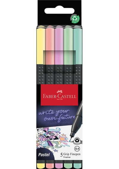 Faber-Castell Grip Finepen İnce Keçe Uçlu Kalem Seti, 5’li, Pastel Renkler, 0.4 mm Uç, Metal Destekli