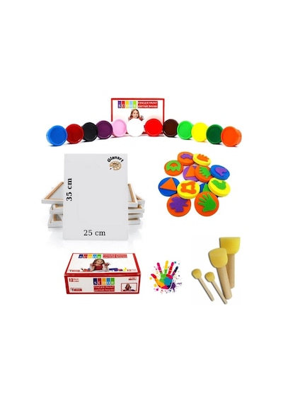 Çocuklar İçin 12 Renk Parmak Boyası Baskı Seti + 25x35 Cm Tuval Yıkanabilir 29 Parça Set
