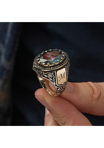 Oval Mistik Topaz Taşlı Harfli 925 Gümüş Erkek Yüzük