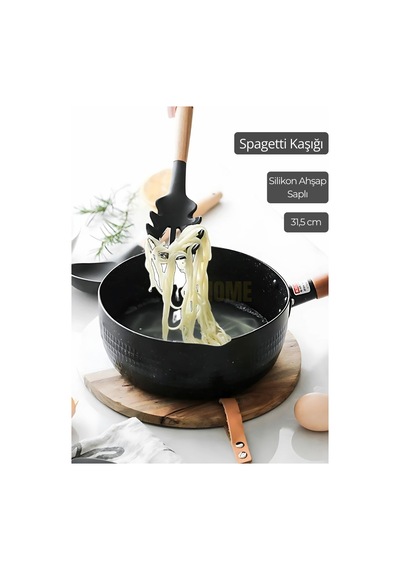 Silikon Spagetti Kaşığı Mutfak Kaşık Ahşap Saplı 31,5 Cm Siyah
