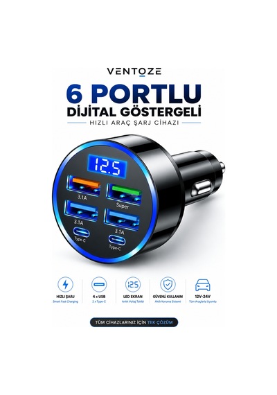 Araç Hızlı Şarj Cihazı Dijital Göstergeli Type-c Usb Hızlı Şarj Aleti 6 Portlu
