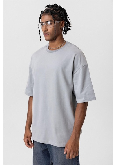 Vamos Basic Oversize Bisiklet Yaka Tişört Gri
