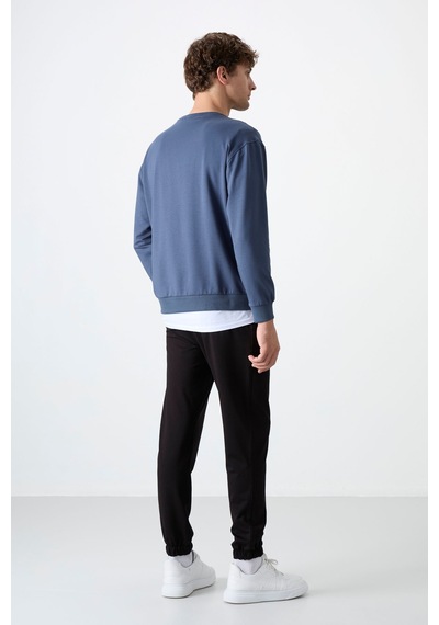 Tommy Life Petrol - Siyah Casual O Yaka Lastik Paça Pamuklu Erkek Oversize Eşofman Takımı - 85120 Petrol Mavi