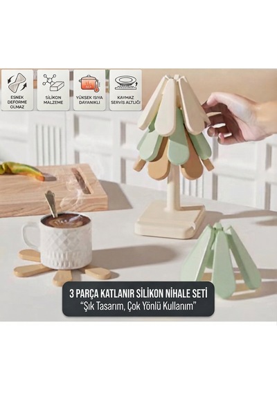 3'lü Standlı Silikon Nihale Seti Isıya Dayanıklı Bardak Ve Tencere Altı Katlanır Nihale Tencere Ve Bardak Altlığı Silikon Nihale Seti Çok Renkli