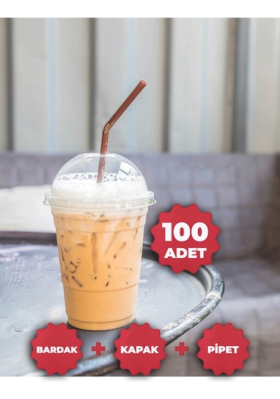 Plastik Bardak Milkshake Bardağı Kapak Pipet 14 Oz 400 Cc - 100 Adet