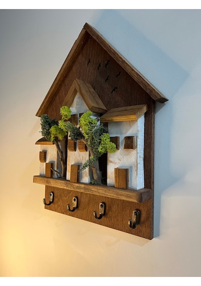Ahşap Ev Temalı Duvar Askılığı 25x36 Cm 4 Kancalı Anahtarlık , El Yapımı Dekoratif Askı Kahverengi