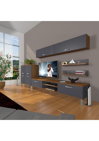Decoraktiv Eko 6y Mdf Dvd Krom Ayaklı Tv Ünitesi Tv Sehpası Ceviz - Antrasit