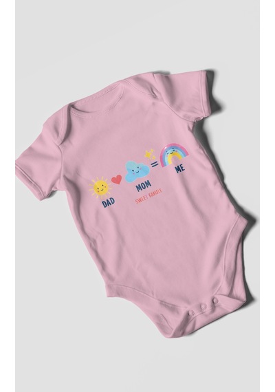 Morivokids Dad Mom Me Sweet Family Kısa Kollu Bebek Body %100 Pamuk Koyu Pembe