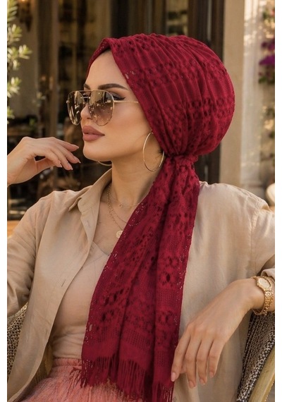 Aişe Tesettür Bordo Dantel Tokalı Bone