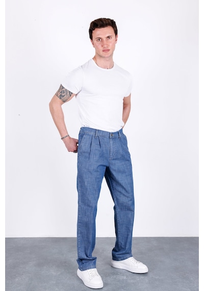 HLT Jeans Erkek Açık Mavi Yazlık Çift Pileli Rahat Kesim Beli Lastikli Bol Paça Baggy Pantolon Albert-1993