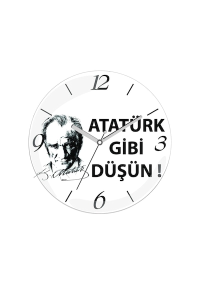 Atatürk Gibi Düşün Çap 30cm Sessiz Akar Bombeli Gerçek Cam Duvar Saati Beyaz - Siyah