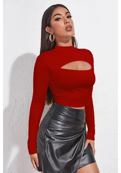 Moda Dua Kadın Kırmızı Göğüs Dekolteli Uzun Kollu Cut Out Crop Top Bluz
